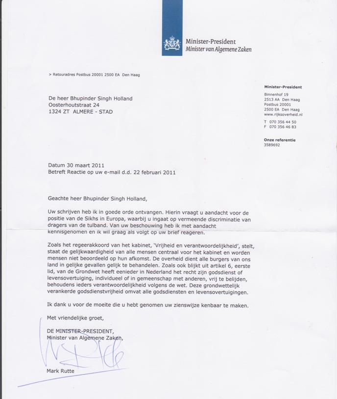 Minister President Mark Rutte's letter over the Turban (53K)