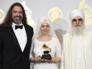  Adam Berry, Gurujas Khalsa and Hari Jiwan Singh Khalsa of the musical group White Sun after winning the award in Los Angeles. (AP File Photo)