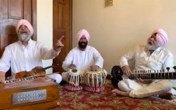 The Partap Brothers, a New York-based trio of Sikh musicians, use Facebook Live to broadcast their kirtan for Vaisakhi on Sunday, April 12, 2020. Video screengrab